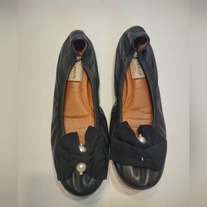 LANVIN Black Bow Leather Flats with Pearl Accents